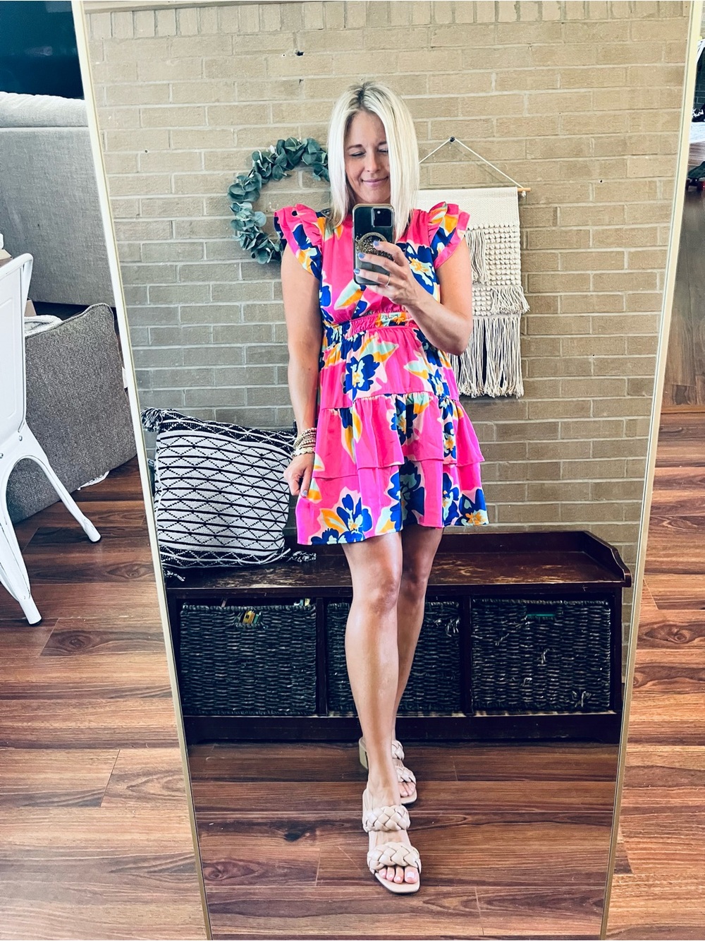entro Hot Pink Floral Tiered Mini Dress